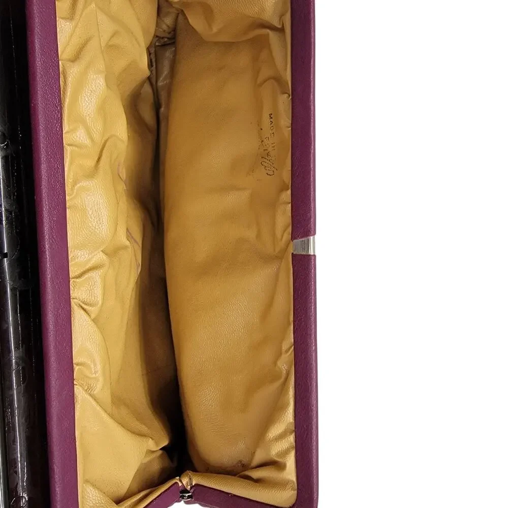 Vintage Lord & Taylor Plum Leather Clutch Bag Made in Italy Black Frame